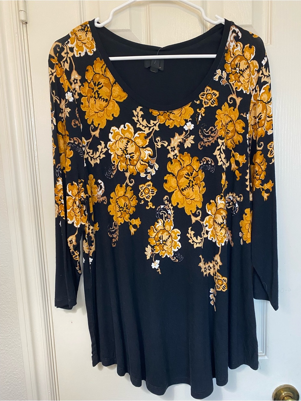 JM Collection Black Tunic with Mustard Floral Print